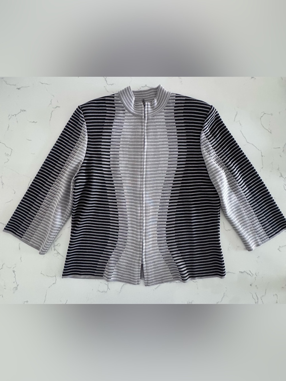 Ming Wang Textured Zip Front Jacket Cardigan Black White Knit Size Small